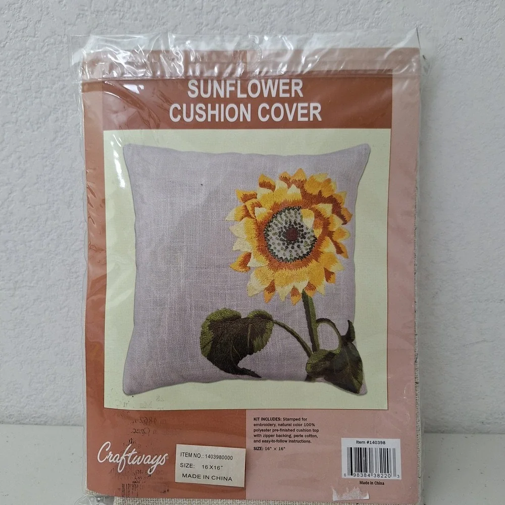 Vintage Craftways Embroidered Pillow Cover Kit Sunflower Cushion Cover 16x16in